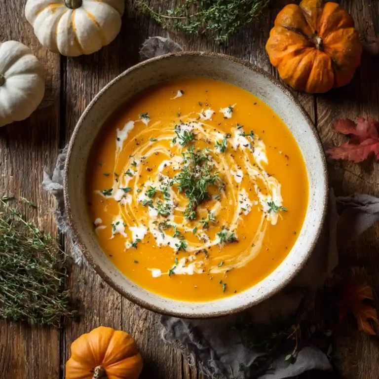 easy butternut squash soup served with cream and herbs