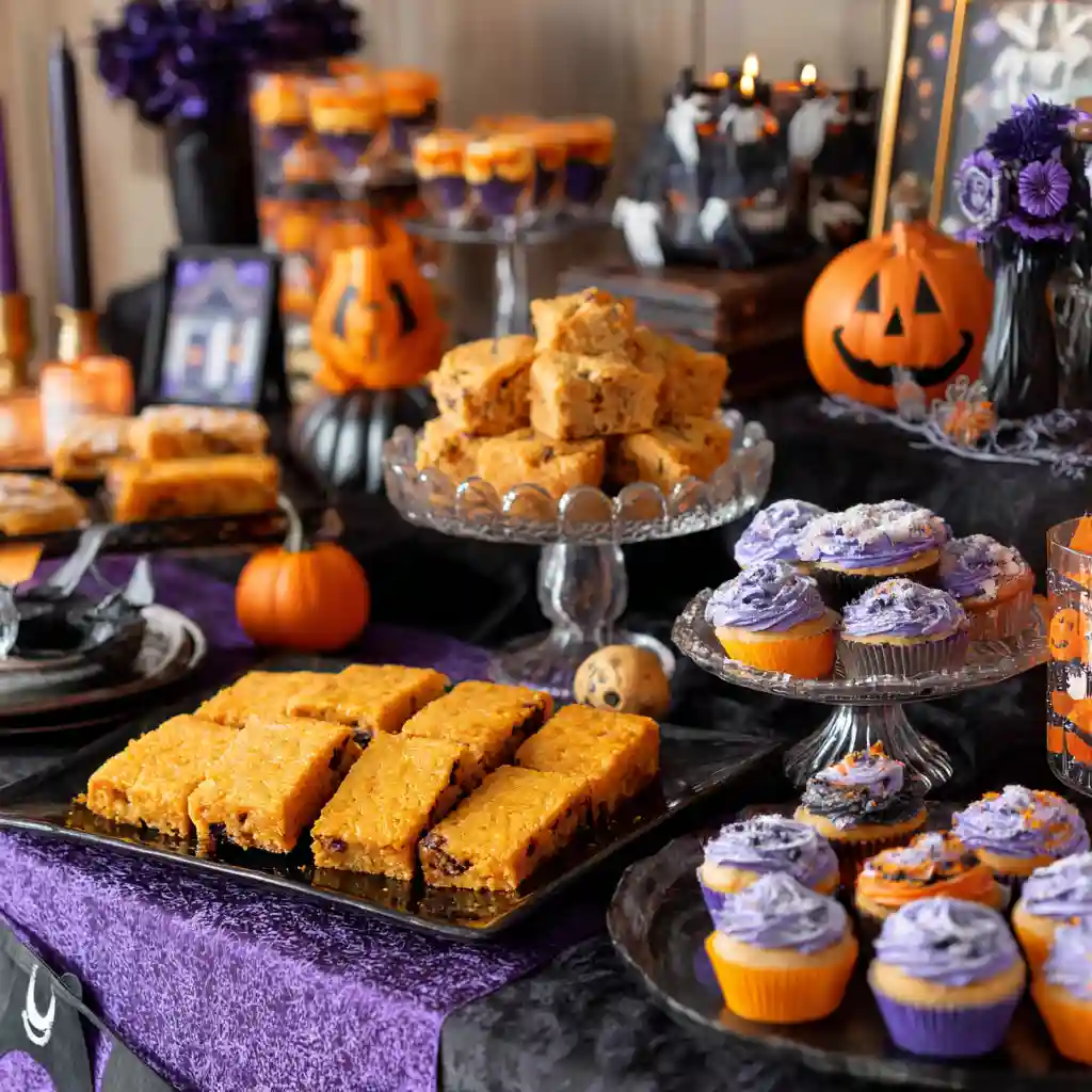 Halloween-themed dessert table with baked treats