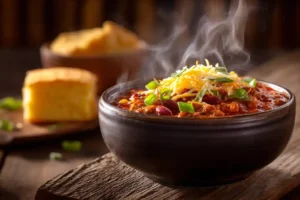 Hearty Crockpot Chili in bowl with toppings