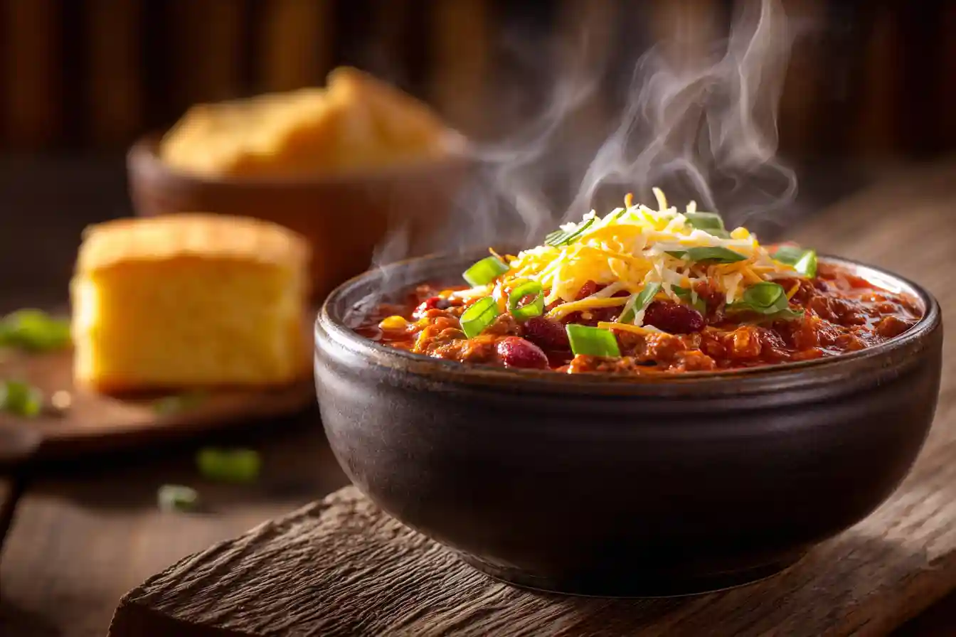 Hearty Crockpot Chili in bowl with toppings