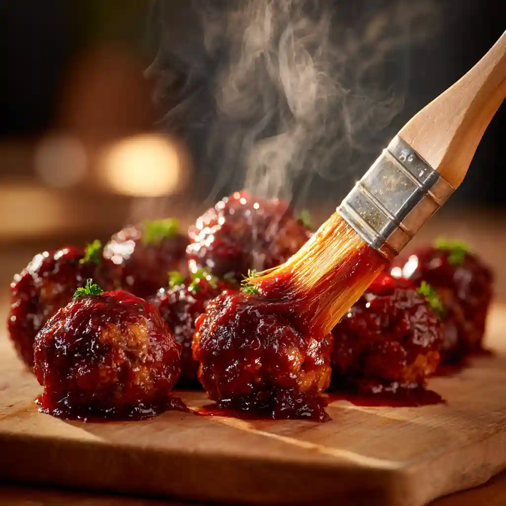 Glazing Mini Meatball Christmas Skewers