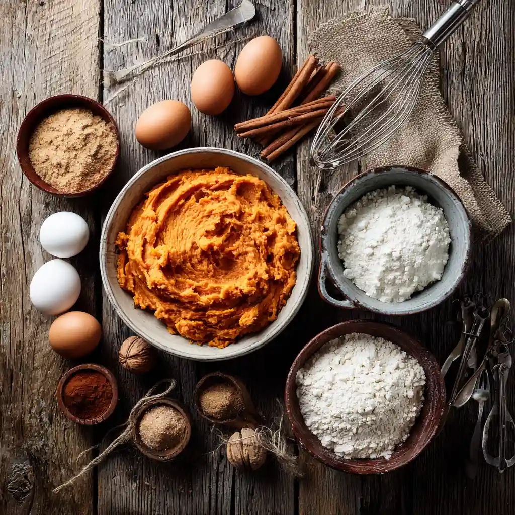 Top-down view of ingredients for pumpkin bread recipe