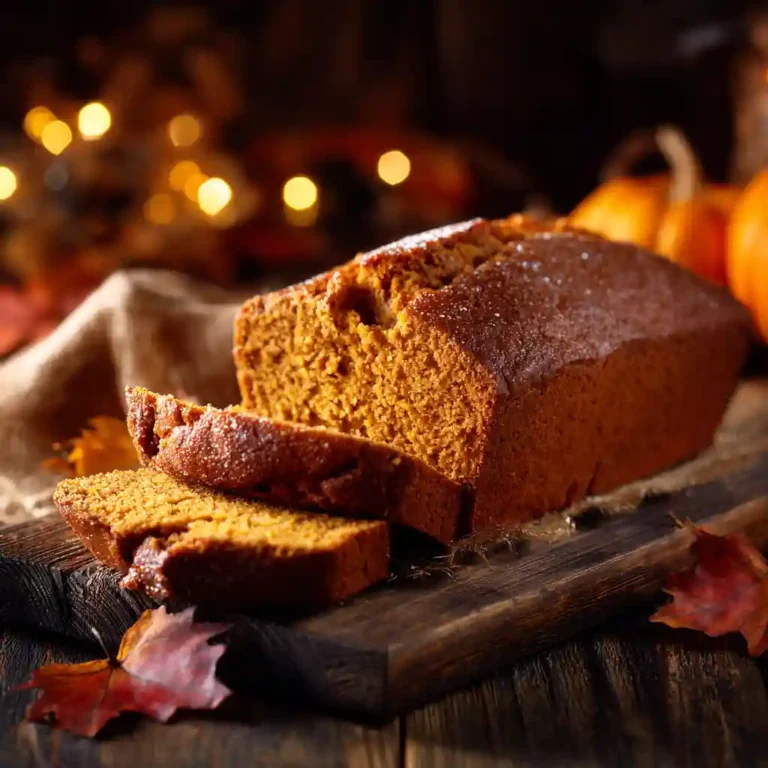 Pumpkin bread recipe featured image showing sliced loaf on rustic table