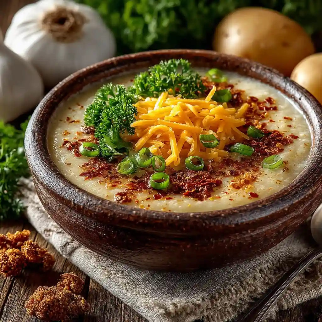 creamy potato soup in rustic bowl with herbs