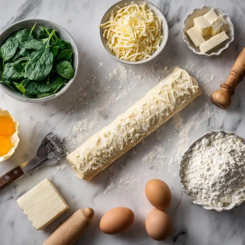 Ingredients for savory puff pastry recipes including cheese, eggs, and spinach