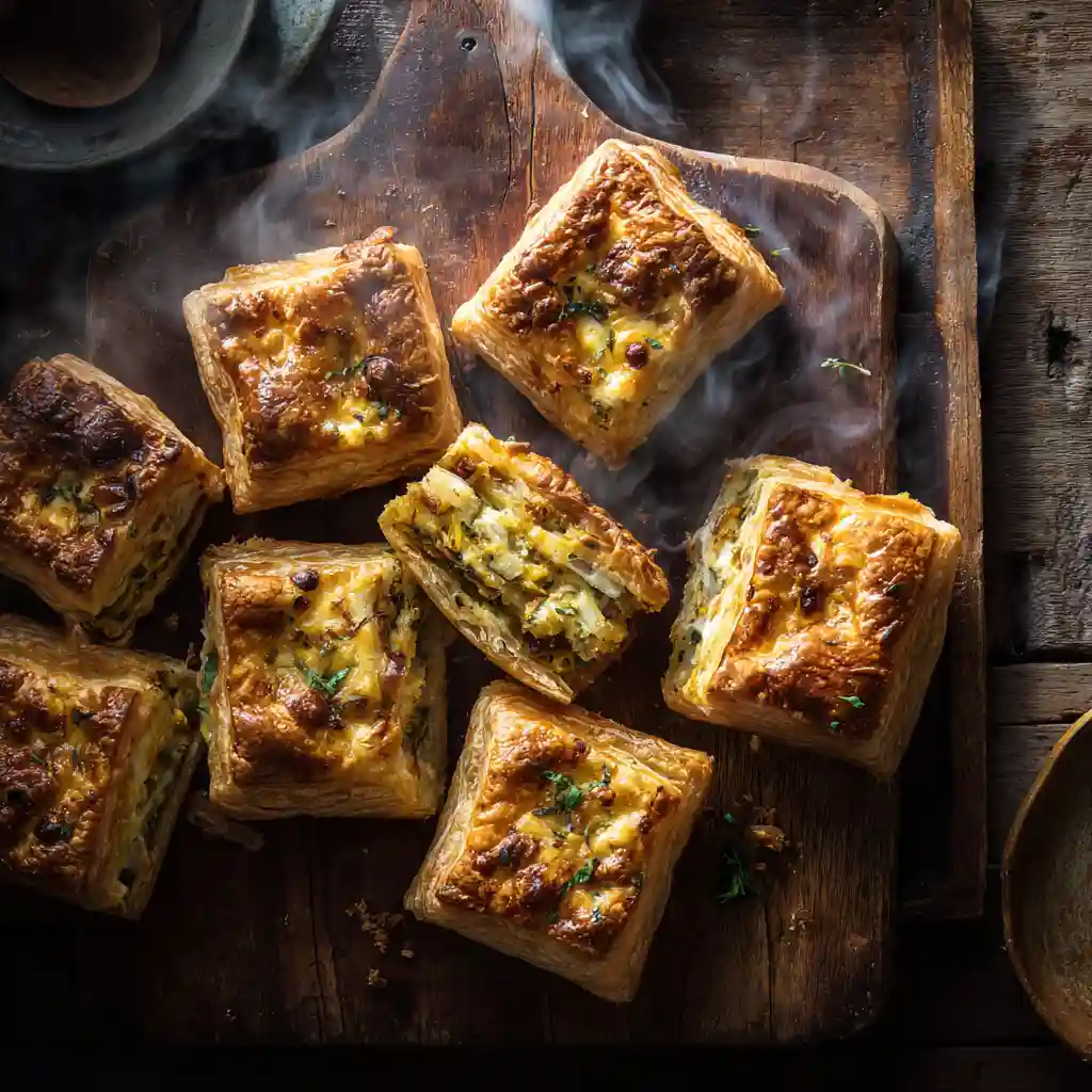 Savory puff pastry recipes with cheese and vegetables on rustic table