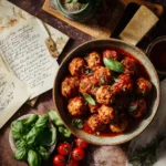 Final turkey meatballs with handwritten recipe card