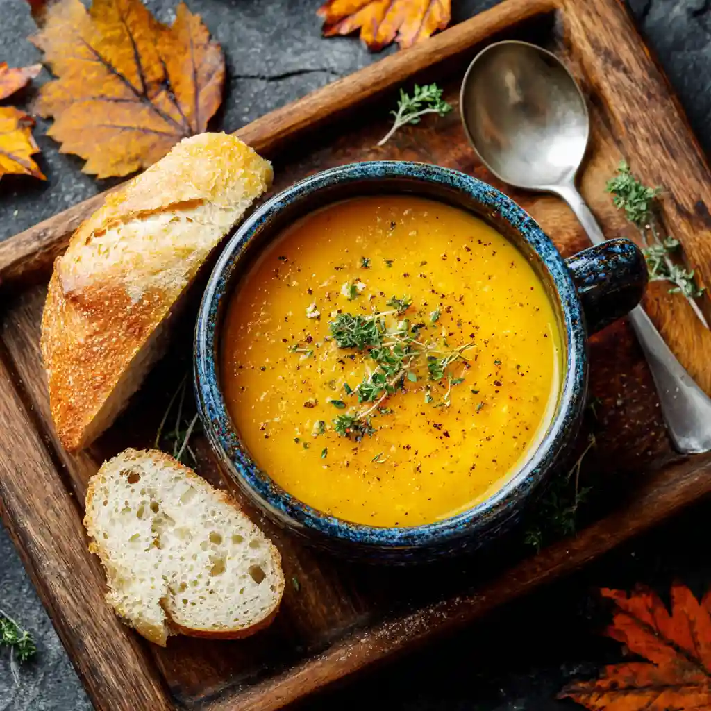 bowl of butternut squash soup with bread