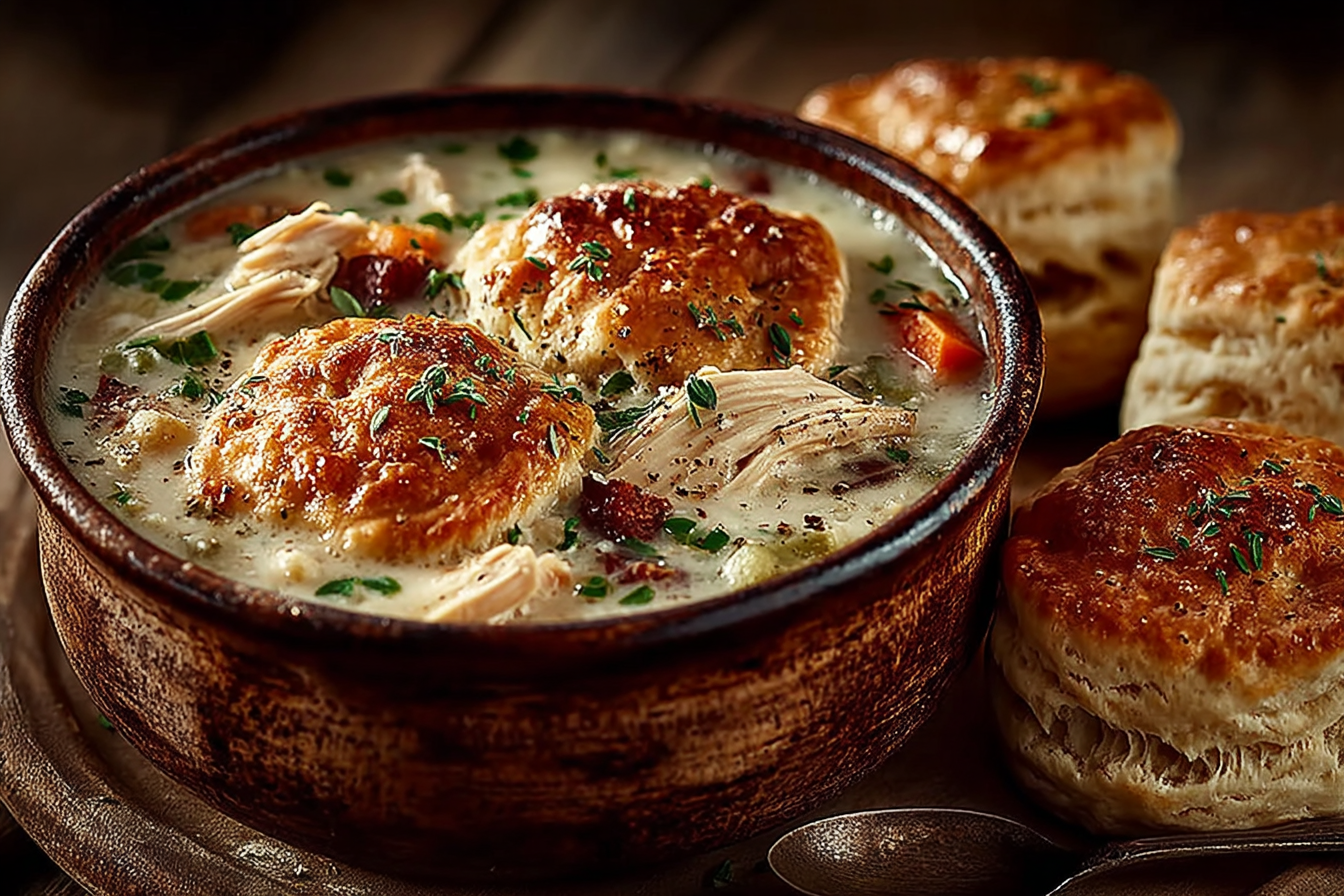 Chicken Pot Pie Soup Served with Biscuits