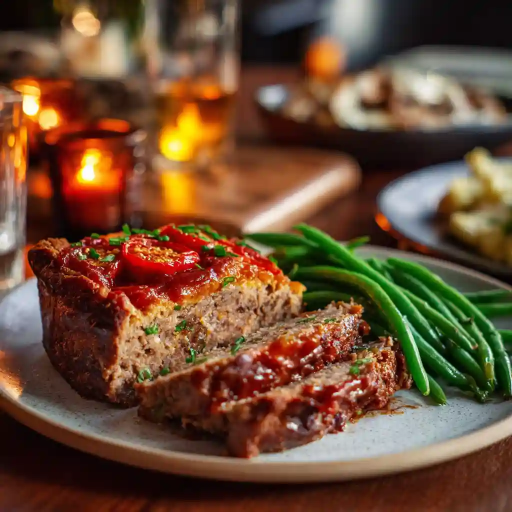 Meatloaf served with tomato pie and vegetables