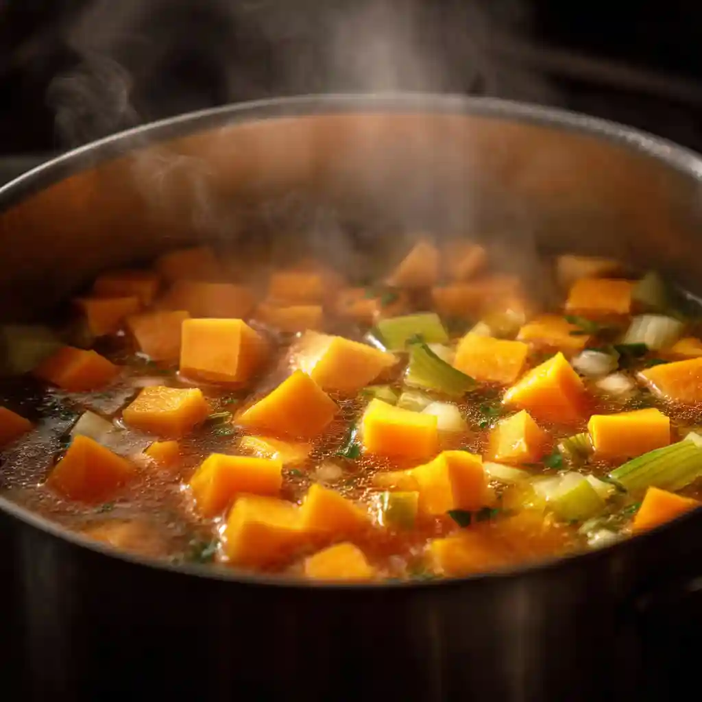 cubed squash simmering in broth
