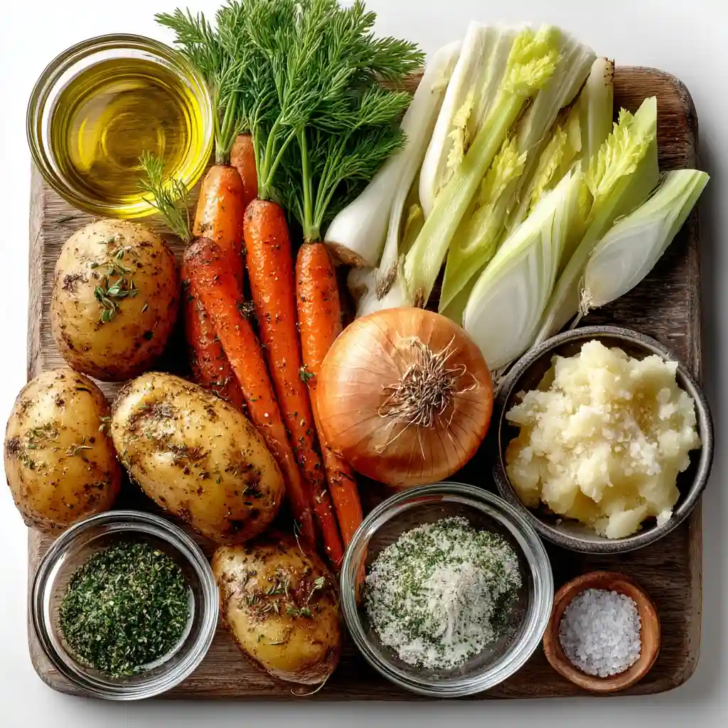 flat lay of fresh ingredients for soup recipes