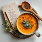 printed soup recipe card beside bowl of vegetable soup