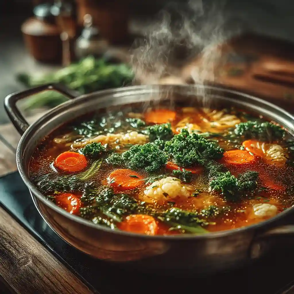 soup simmering on modern stove with vegetables in broth