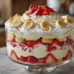 strawberry cheesecake banana pudding in trifle dish