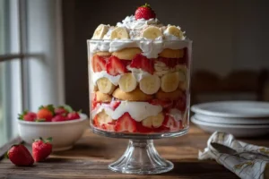 strawberry cheesecake banana pudding in trifle dish