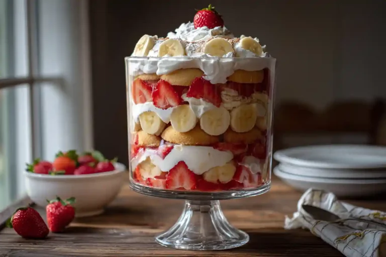strawberry cheesecake banana pudding in trifle dish