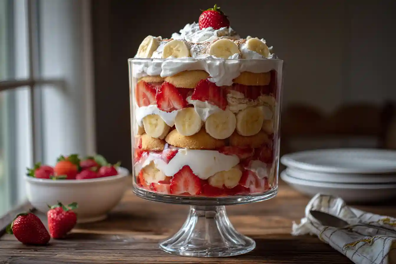 strawberry cheesecake banana pudding in trifle dish