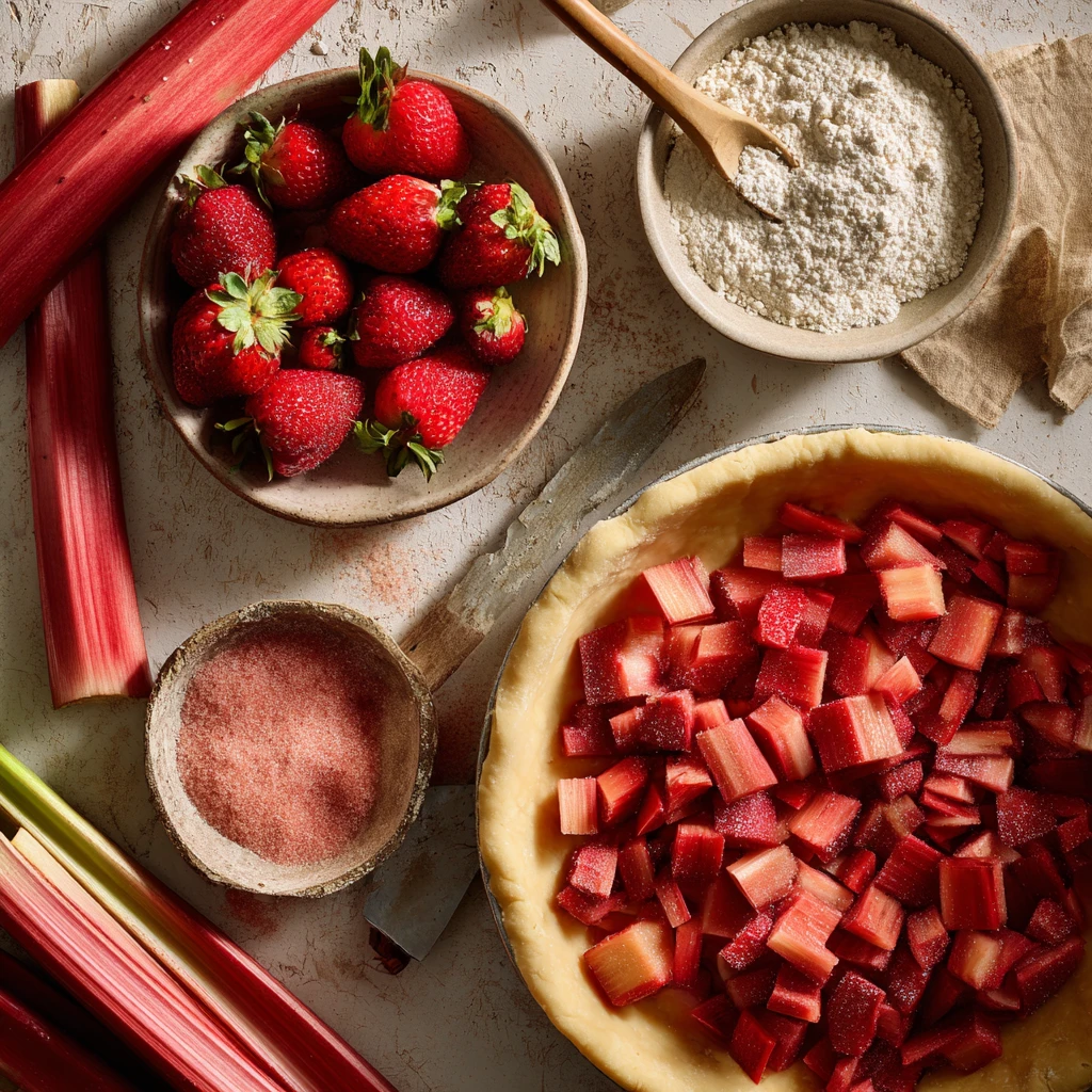 Ingredients for strawberry rhubarb pie