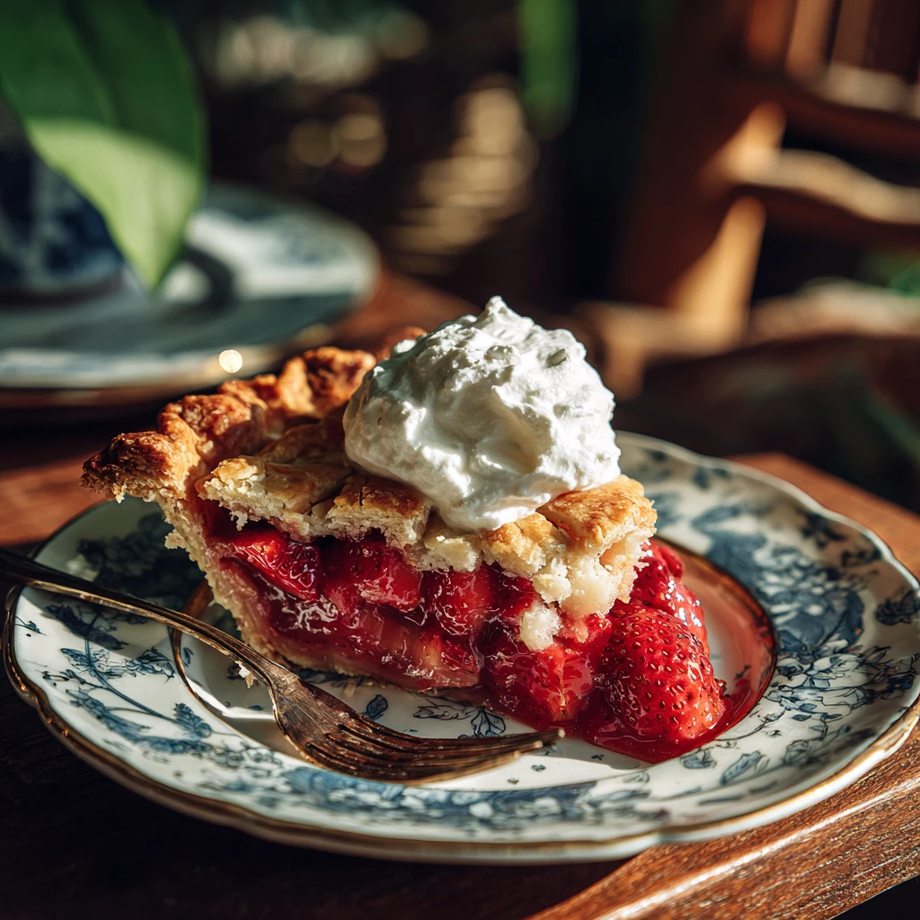 Served slice of strawberry rhubarb pie