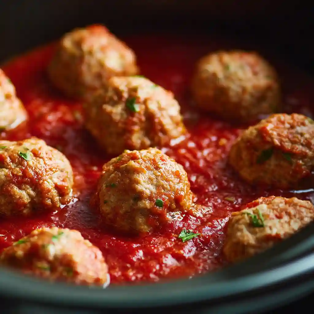 Turkey meatballs cooking in crockpot sauce