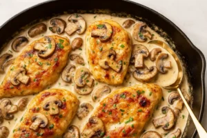 Creamy Mushroom Chicken in a cast-iron skillet