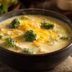 Cheesy Broccoli and Chicken Soup in a bowl with melted cheddar.