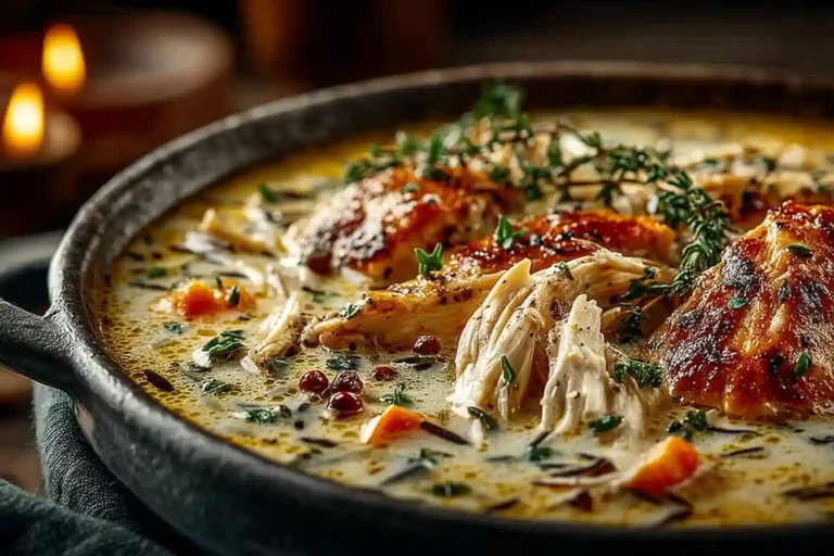 creamy chicken and wild rice soup in a rustic bowl
