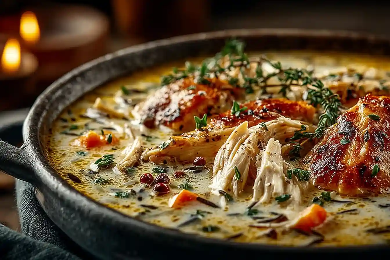 creamy chicken and wild rice soup in a rustic bowl