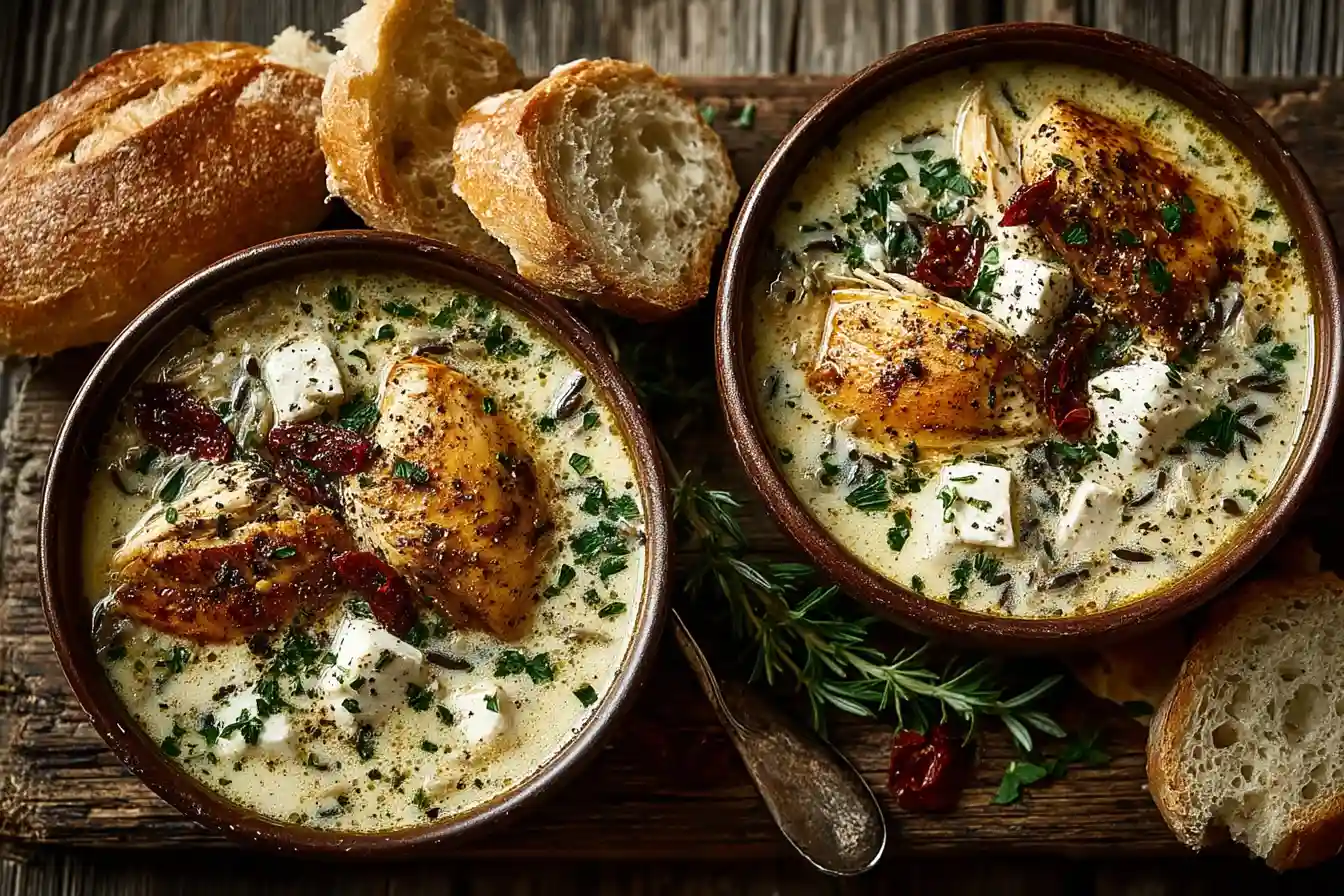 serving creamy chicken and wild rice soup