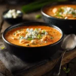 Creamy buffalo chicken soup in a bowl with blue cheese garnish