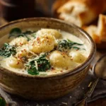 Creamy garlic parmesan gnocchi soup in rustic bowl