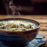 creamy spinach and artichoke soup in a bowl