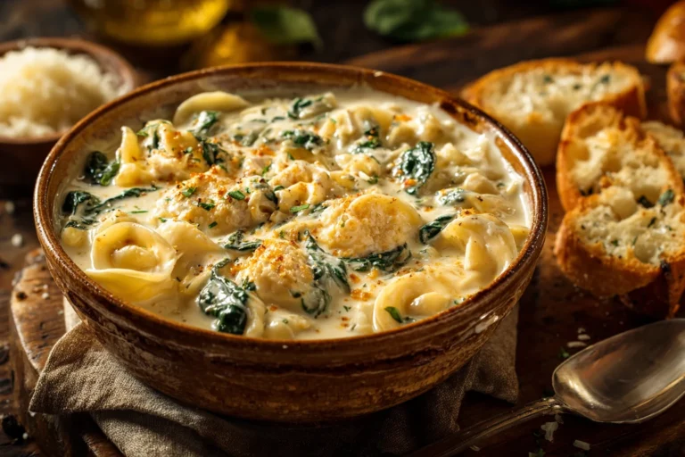 creamy white lasagna soup in rustic bowl