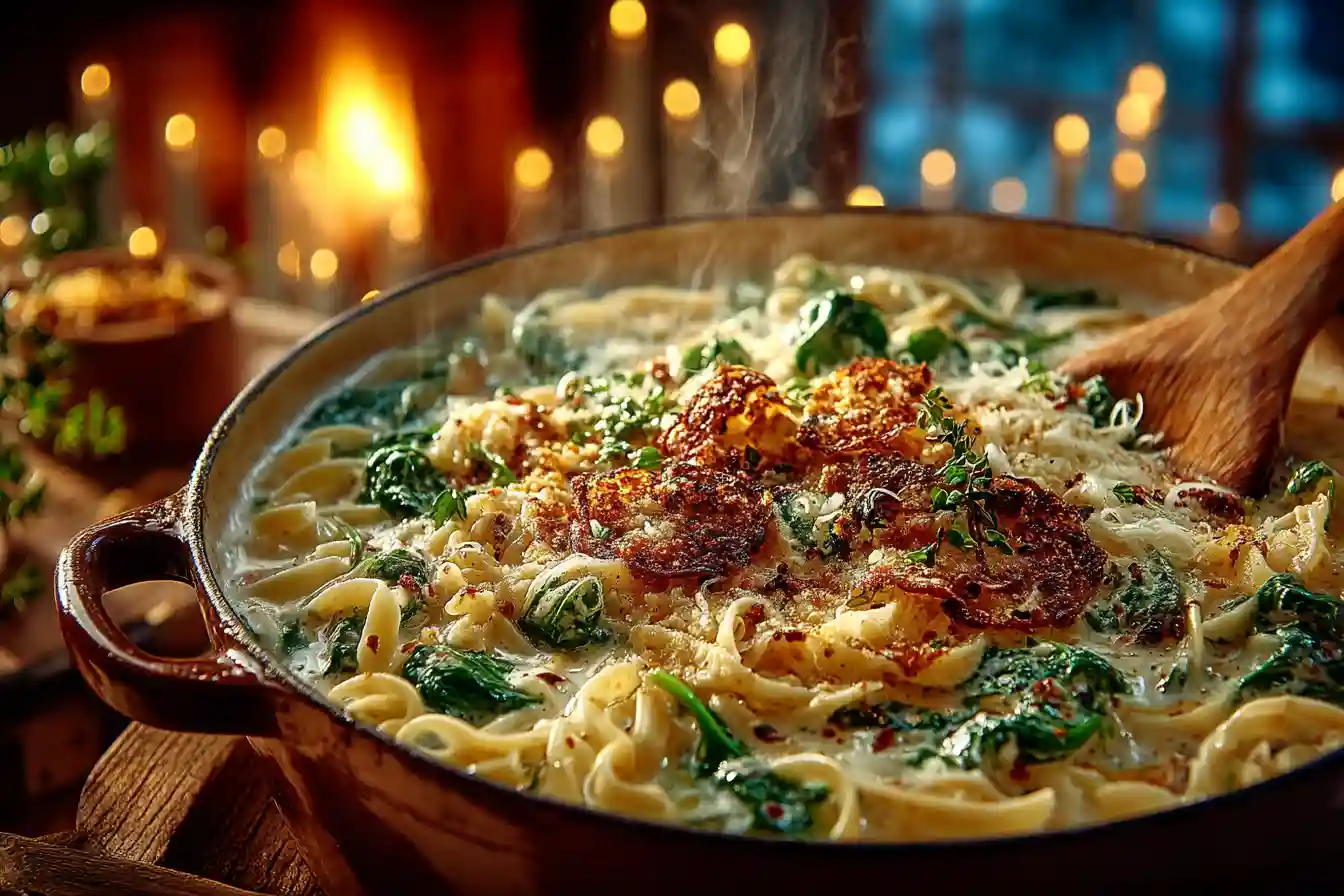 cooking creamy white lasagna soup in dutch oven