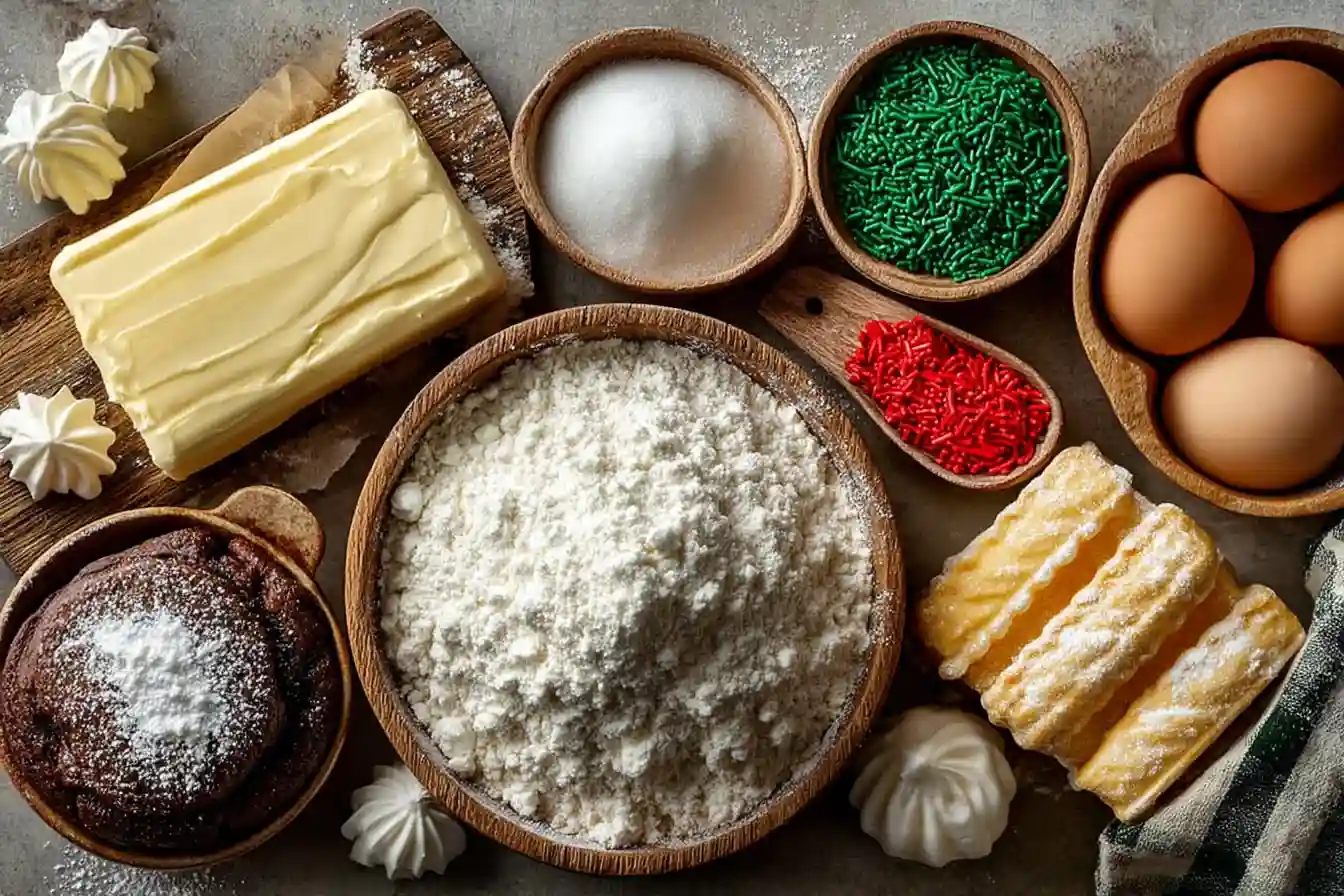 Ingredients for Crumbl Christmas Cookies on marble counter