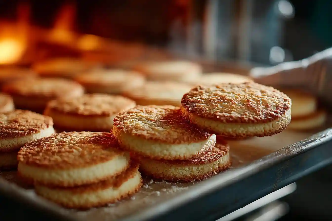 Checking for the perfect doneness of Gluten-free Christmas Cookies by observing the golden edges.