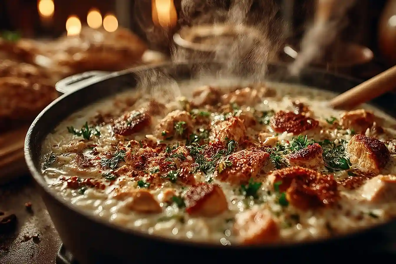 home cook stirring chicken and wild rice soup
