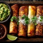 Sampler platter of Mexican appetizers on wooden board