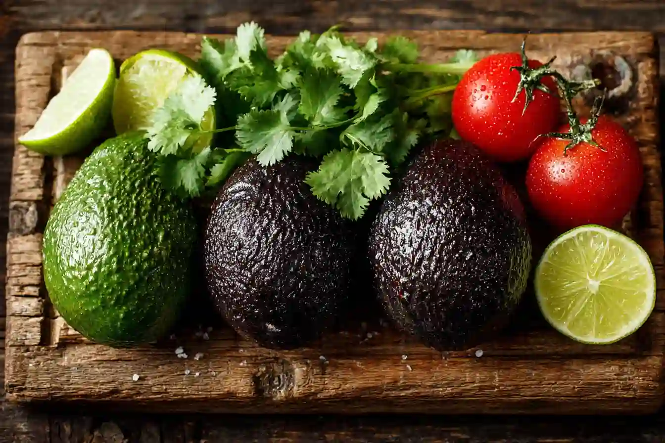 Fresh ingredients for Mexican appetizers including avocados and limes
