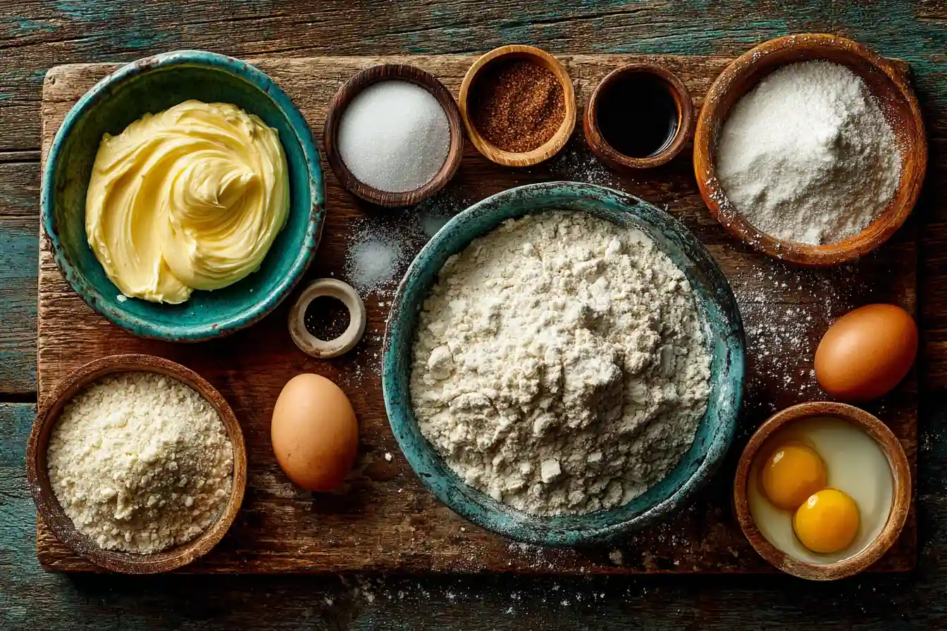 overhead banana bread recipe ingredients flat lay