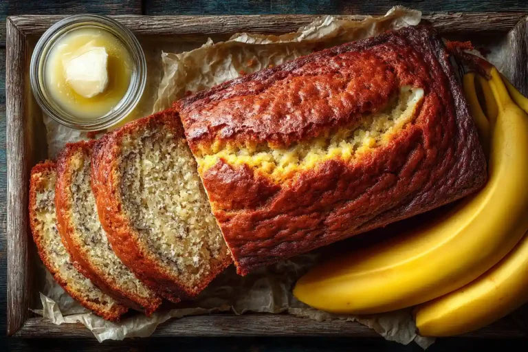 banana bread recipe overhead close-up sliced loaf with melted butter