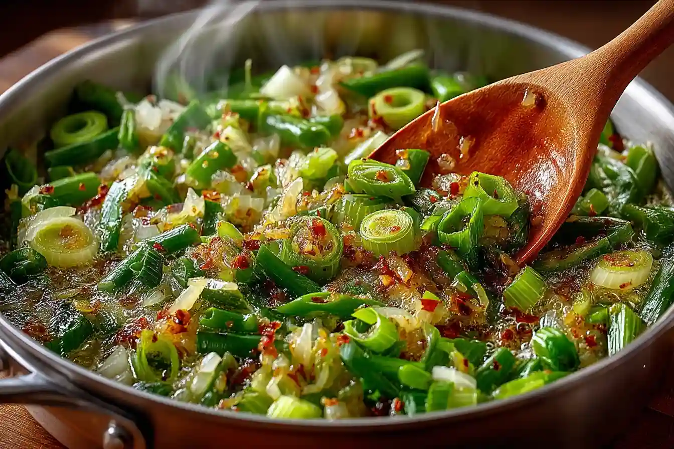 Onions, garlic, and celery sautéing in a pot for vegan chicken noodle soup