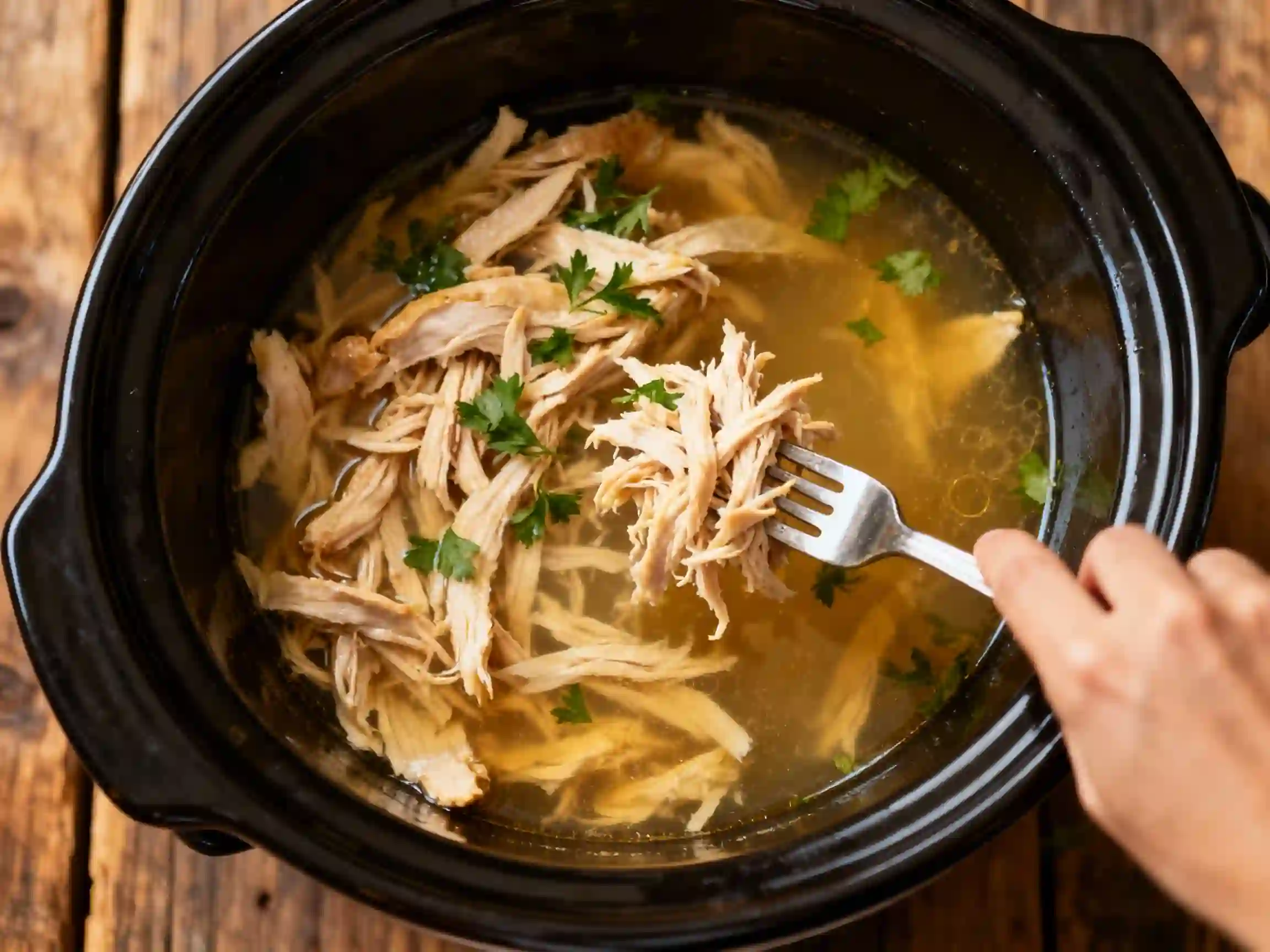 Overhead view of shredded chicken in crockpot with herbs