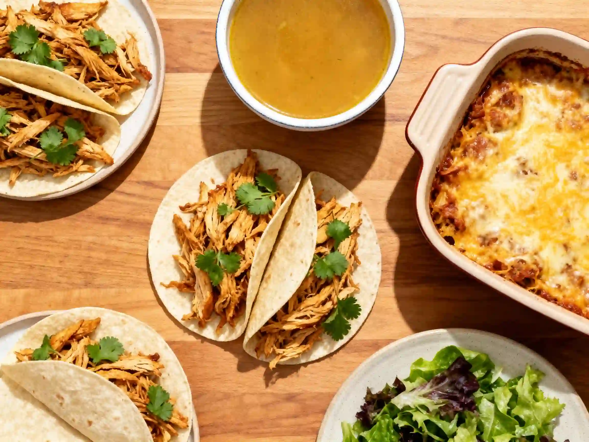 Overhead variety of shredded chicken recipes served together