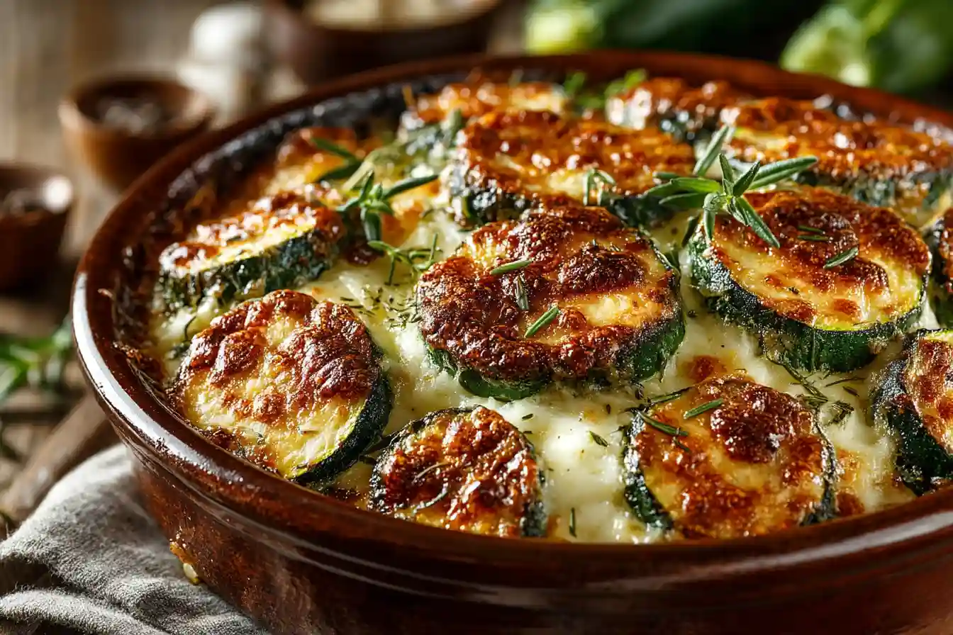simple chicken zucchini bake with golden cheese