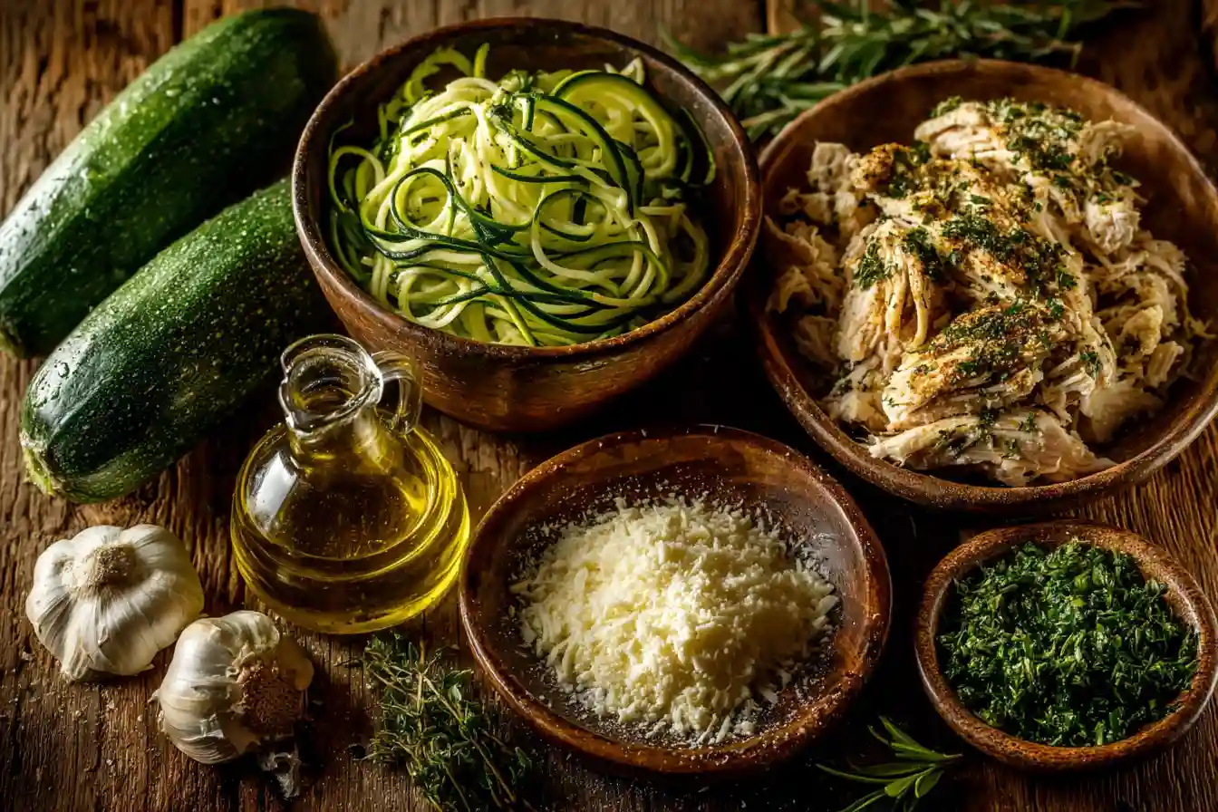 Overhead shot of zucchini, shredded chicken, and cheese ingredients