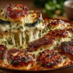 Overhead close-up of a serving of simple chicken zucchini bake