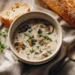 Slow Cooker Creamy Mushroom Soup in a bowl with herbs