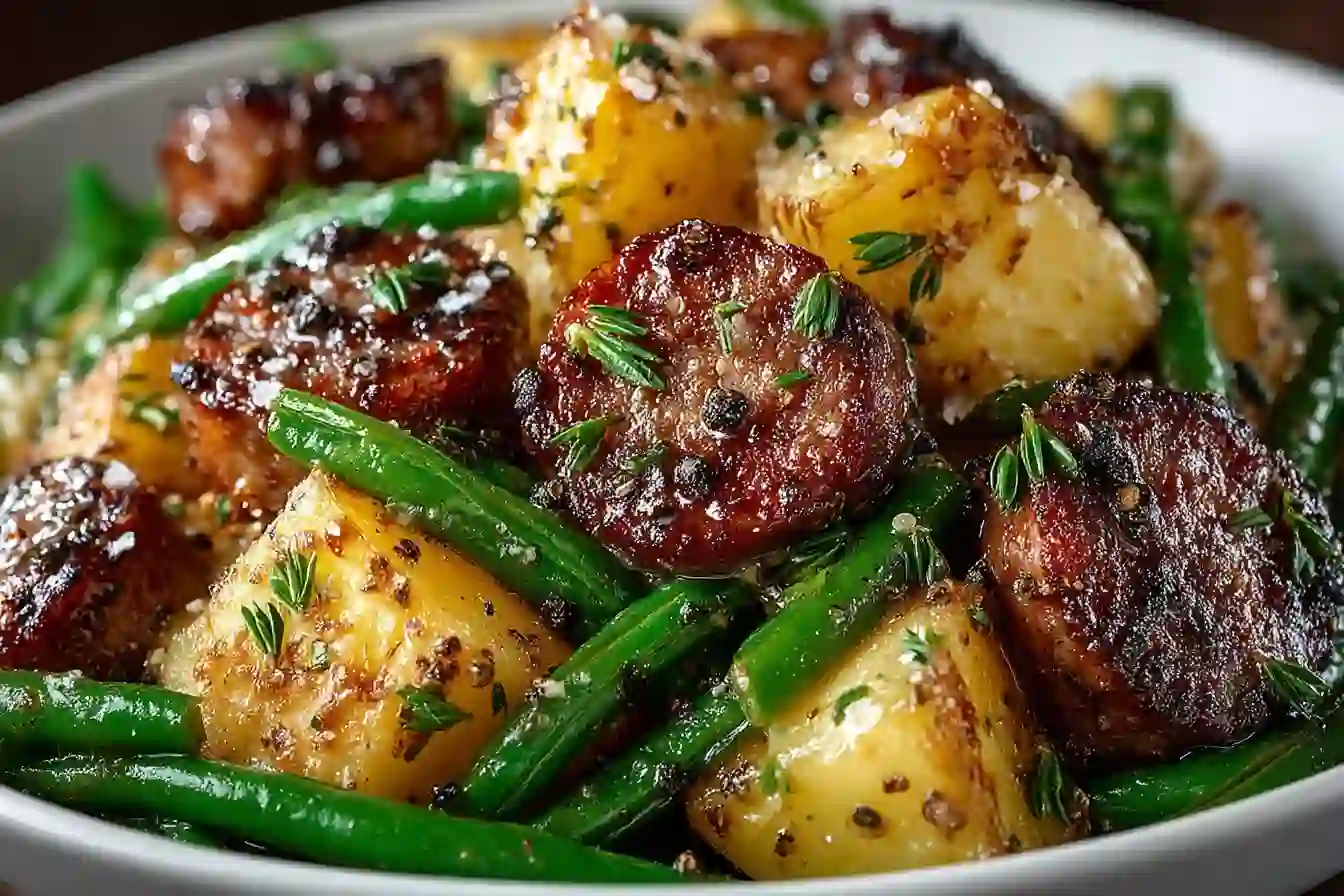 overhead close-up of swamp potatoes recipe with cubed potatoes and sausage